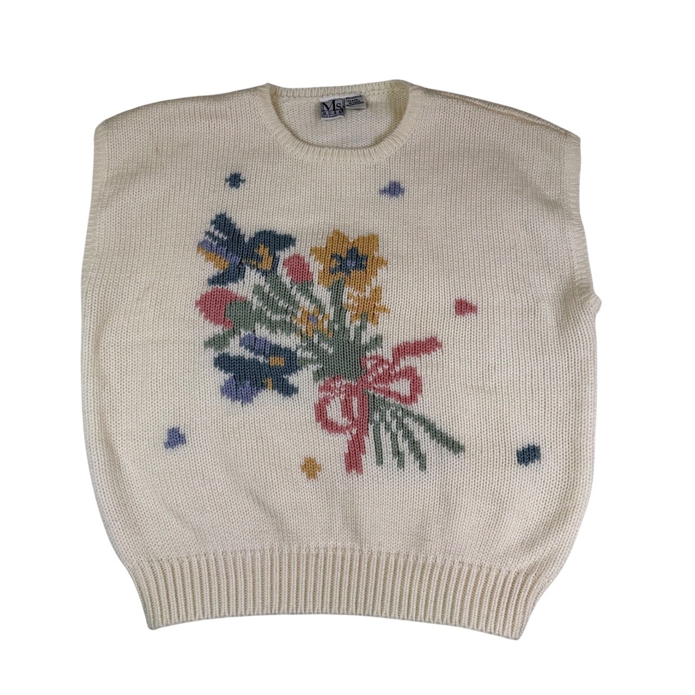 Vintage Ms. Russ Floral Knit‎ Sweater Vest Cream Acrylic Wool Blend Size Large